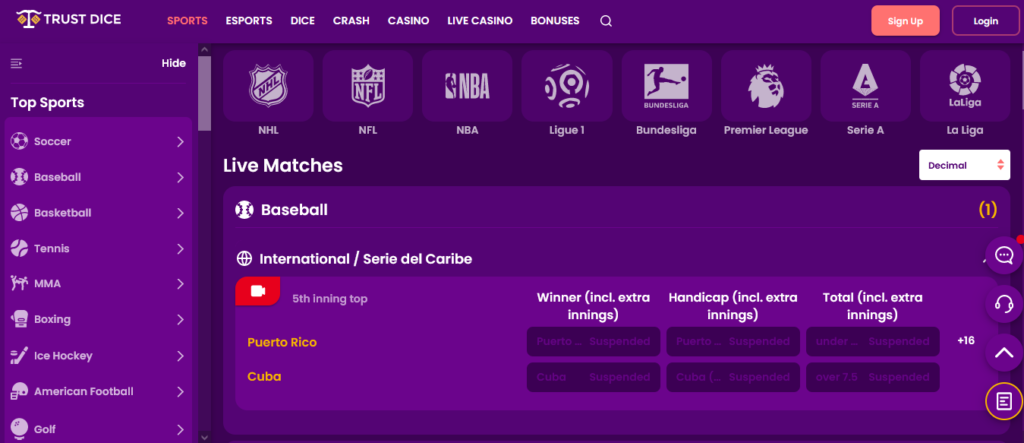Wager on sports at TrustDice Sportsbook