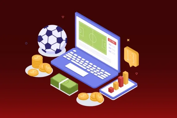 A digital illustration of a laptop displaying a betting interface, surrounded by a soccer ball, stacks of money, gold coins, and a bar chart, symbolizing the scope of sports betting.