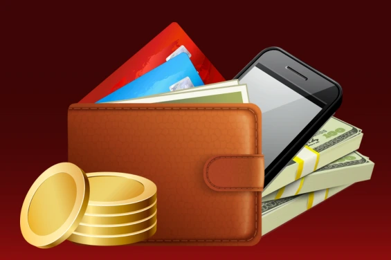 Illustration of a brown wallet containing credit cards and cash, alongside a smartphone and stacks of money, with gold coins in the foreground, symbolizing payment-related transactions in online casinos.
