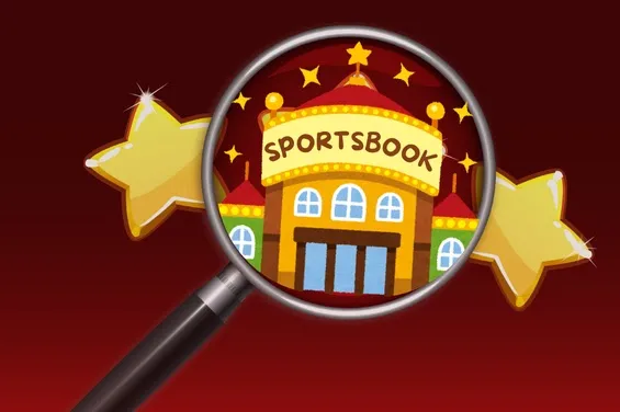 A magnifying glass focusing on a cartoon-style sportsbook building with glowing stars, representing the process of selecting a trusted sportsbook.